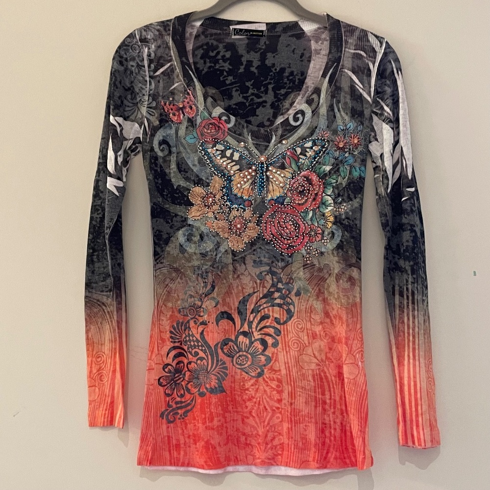 Y2K Color Motion  Women Butterfly Flower Ribbed Top Medium Indie Festival Fairy